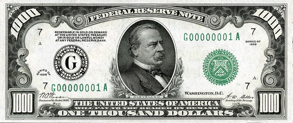 $1,000 US dollar bill
