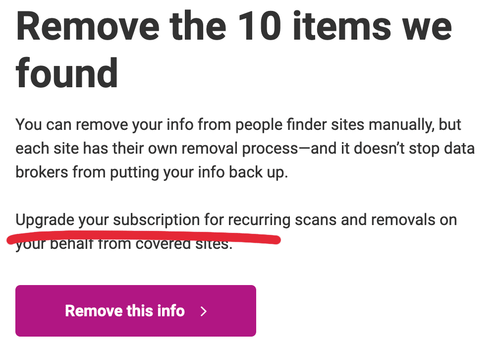 dark web removal upsell