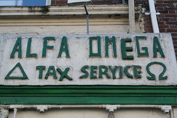 a storefront for a business called Alpha Omega Tax Service
