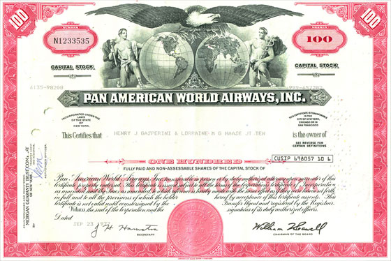 pan am world airways stock certificate
